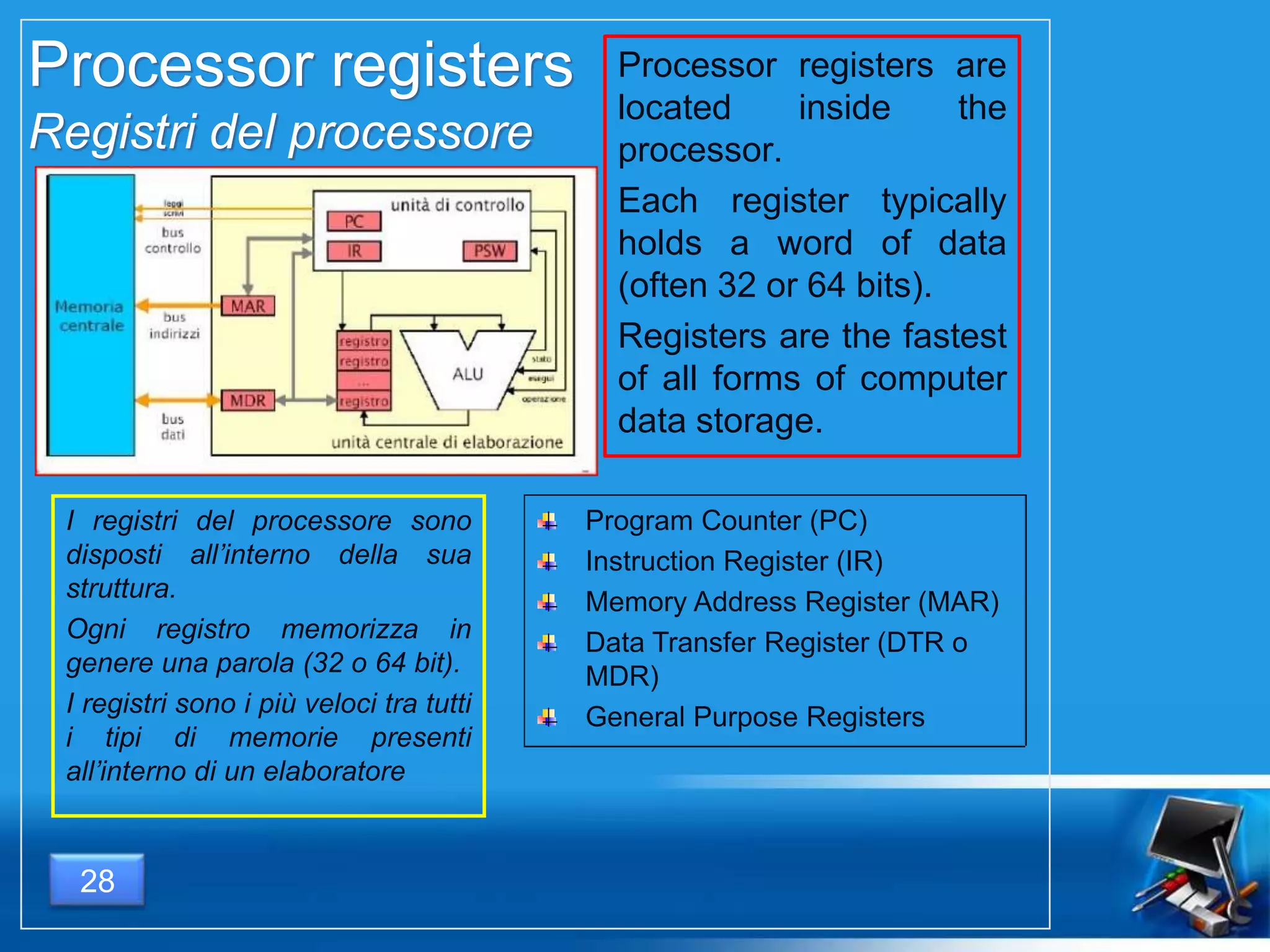 Processor registers
Registri del processore
Processor registers are
located inside the
processor.
Each register typically
holds a word of data
(often 32 or 64 bits).
Registers are the fastest
of all forms of computer
data storage.
I registri del processore sono
disposti all’interno della sua
struttura.
Ogni registro memorizza in
genere una parola (32 o 64 bit).
I registri sono i più veloci tra tutti
i tipi di memorie presenti
all’interno di un elaboratore
Program Counter (PC)
Instruction Register (IR)
Memory Address Register (MAR)
Data Transfer Register (DTR o
MDR)
General Purpose Registers
28
 