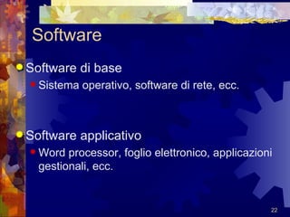 Software Software di base Sistema operativo, software di rete, ecc. Software applicativo Word processor, foglio elettronico, applicazioni gestionali, ecc. 