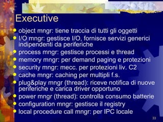 Executive object mngr: tiene traccia di tutti gli oggetti I/O mngr: gestisce I/O, fornisce servizi generici indipendenti da periferiche process mngr: gestisce processi e thread memory mngr: per demand paging e protezioni security mngr: mecc. per protezioni liv. C2 cache mngr: caching per multipli f.s. plug&play mngr (thread): riceve notifica di nuove periferiche e carica driver opportuno power mngr (thread): controlla consumo batterie configuration mngr: gestisce il registry local procedure call mngr: per IPC locale 