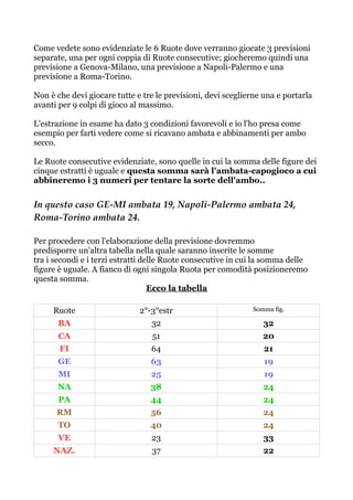 Come vedete sono evidenziate le 6 Ruote dove verranno giocate 3 previsioni
separate, una per ogni coppia di Ruote consecutive; giocheremo quindi una
previsione a Genova-Milano, una previsione a Napoli-Palermo e una
previsione a Roma-Torino.
Non è che devi giocare tutte e tre le previsioni, devi sceglierne una e portarla
avanti per 9 colpi di gioco al massimo.
L'estrazione in esame ha dato 3 condizioni favorevoli e io l'ho presa come
esempio per farti vedere come si ricavano ambata e abbinamenti per ambo
secco.
Le Ruote consecutive evidenziate, sono quelle in cui la somma delle figure dei
cinque estratti è uguale e questa somma sarà l'ambata-capogioco a cui
abbineremo i 3 numeri per tentare la sorte dell'ambo..
In questo caso GE-MI ambata 19, Napoli-Palermo ambata 24,
Roma-Torino ambata 24.
Per procedere con l'elaborazione della previsione dovremmo
predisporre un'altra tabella nella quale saranno inserite le somme
tra i secondi e i terzi estratti delle Ruote consecutive in cui la somma delle
figure è uguale. A fianco di ogni singola Ruota per comodità posizioneremo
questa somma.
Ecco la tabella
Ruote 2°-3°estr Somma fig.
BA 32 32
CA 51 20
FI 64 21
GE 63 19
MI 25 19
NA 38 24
PA 44 24
RM 56 24
TO 40 24
VE 23 33
NAZ. 37 22
 