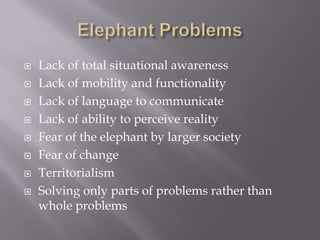 Elephant ProblemsLack of total situational awarenessLack of mobility and functionalityLack of language to communicateLack of ability to perceive realityFear of the elephant by larger societyFear of changeTerritorialismSolving only parts of problems rather than whole problems