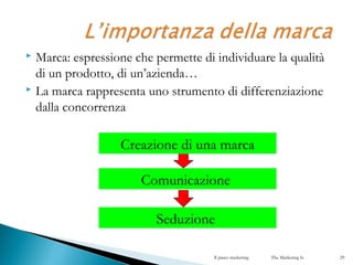 Marca: espressione che permette di individuare la qualità
di un prodotto, di un’azienda…
 La marca rappresenta uno strumento di differenziazione
dalla concorrenza
Il piano marketing The Marketing Is 29
Creazione di una marca
Comunicazione
Seduzione
 
