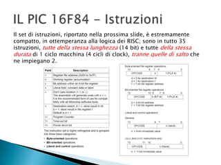 Il set di istruzioni, riportato nella prossima slide, è estremamente
compatto, in ottemperanza alla logica dei RISC; sono in tutto 35
istruzioni, tutte della stessa lunghezza (14 bit) e tutte della stessa
durata di 1 ciclo macchina (4 cicli di clock), tranne quelle di salto che
ne impiegano 2.
 