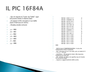  ; Qui di seguito la "Look-Up Table": ogni
istruzione mette il relativo dato
 ; di output in W e recupera in pc dallo
stack l'indirizzo di rientro
 ; Display anodo comune

 ; a = RB0
 ; b = RB1
 ; c = RB2
 ; d = RB3
 ; e = RB4
 ; f = RB5
 ; g = RB6

 RETLW b'00111111' ;0
 RETLW b'00000110' ;1
 RETLW b'01011011' ;2
 RETLW b'01001111' ;3
 RETLW b'01100110' ;4
 RETLW b'01101101' ;5
 RETLW b'01111101' ;6
 RETLW b'00000111' ;7
 RETLW b'01111111' ;8
 RETLW b'01100111' ;9
 RETLW b'01111001' ;E
 RETLW b'01111001' ;E
 RETLW b'01111001' ;E
 RETLW b'01111001' ;E
 RETLW b'01111001' ;E
 RETLW b'01111001' ;E
 END

 ; NOTA SULLE TEMPORIZZAZIONI: il ciclo che
implementa il PLA è costituito
 ; da 7 istruzioni di cui 3 di salto, per un totale di 4
+ 3 x 2 = 10 cicli
 ; macchina = 40 periodi di clock. Alla massima
frequenza di clock del
 ; PIC 16F84A (20 Mhz) ciò significa 2µs di ritardo
fra variazione degli
 ; ingressi e aggiornamento delle uscite.
 