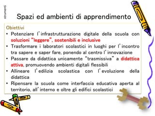 Spazi ed ambienti di apprendimento
Obiettivi
• Potenziare l’infrastrutturazione digitale della scuola con
soluzioni “leggere”, sostenibili e inclusive
• Trasformare i laboratori scolastici in luoghi per l’incontro
tra sapere e saper fare, ponendo al centro l’innovazione
• Passare da didattica unicamente “trasmissiva” a didattica
attiva, promuovendo ambienti digitali flessibili
• Allineare l’edilizia scolastica con l’evoluzione della
didattica
• Ripensare la scuola come interfaccia educativa aperta al
territorio, all’interno e oltre gli edifici scolastici
strumenti
 