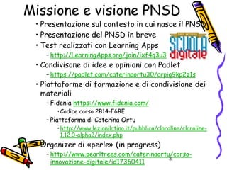 Missione e visione PNSD
• Presentazione sul contesto in cui nasce il PNSD
• Presentazione del PNSD in breve
• Test realizzati con Learning Apps
– http://LearningApps.org/join/ixf4q3u3
• Condivisone di idee e opinioni con Padlet
– https://padlet.com/caterinaortu30/crpiq9kp2z1s
• Piattaforme di formazione e di condivisione dei
materiali
– Fidenia https://www.fidenia.com/
•Codice corso 2B14-F6BE
– Piattaforma di Caterina Ortu
•http://www.lezionilatino.it/pubblica/claroline/claroline-
1.12.0-alpha2/index.php
• Organizer di «perle» (in progress)
– http://www.pearltrees.com/caterinaortu/corso-
innovazione-digitale/id17360411
3
 