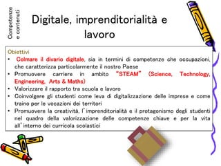 Digitale, imprenditorialità e
lavoro
Obiettivi
• Colmare il divario digitale, sia in termini di competenze che occupazioni,
che caratterizza particolarmente il nostro Paese
• Promuovere carriere in ambito “STEAM” (Science, Technology,
Engineering, Arts & Maths)
• Valorizzare il rapporto tra scuola e lavoro
• Coinvolgere gli studenti come leva di digitalizzazione delle imprese e come
traino per le vocazioni dei territori
• Promuovere la creatività, l’imprenditorialità e il protagonismo degli studenti
nel quadro della valorizzazione delle competenze chiave e per la vita
all’interno dei curricola scolastici
Competenze
econtenuti
 