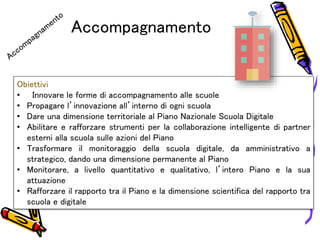 Accompagnamento
Obiettivi
• Innovare le forme di accompagnamento alle scuole
• Propagare l’innovazione all’interno di ogni scuola
• Dare una dimensione territoriale al Piano Nazionale Scuola Digitale
• Abilitare e rafforzare strumenti per la collaborazione intelligente di partner
esterni alla scuola sulle azioni del Piano
• Trasformare il monitoraggio della scuola digitale, da amministrativo a
strategico, dando una dimensione permanente al Piano
• Monitorare, a livello quantitativo e qualitativo, l’intero Piano e la sua
attuazione
• Rafforzare il rapporto tra il Piano e la dimensione scientifica del rapporto tra
scuola e digitale
 