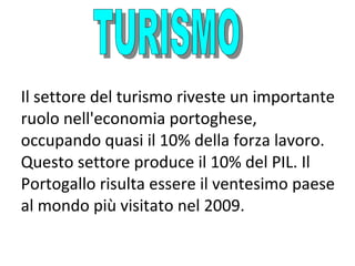 Il settore del turismo riveste un importante
ruolo nell'economia portoghese,
occupando quasi il 10% della forza lavoro.
Questo settore produce il 10% del PIL. Il
Portogallo risulta essere il ventesimo paese
al mondo più visitato nel 2009.

 