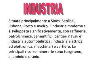Situata principalmente a Sines, Setúbal,
Lisbona, Porto e Aveiro, l'industria moderna si
è sviluppata significativamente, con raffinerie,
petrolchimica, cementifici, cantieri navali e
industria automobilistica, industria elettrica
ed elettronica, macchinari e cartiere. Le
principali risorse minerarie sono tungsteno,
alluminio e uranio.

 