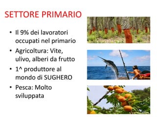 SETTORE PRIMARIO
• Il 9% dei lavoratori
occupati nel primario
• Agricoltura: Vite,
ulivo, alberi da frutto
• 1^ produttore al
mondo di SUGHERO
• Pesca: Molto
sviluppata
 