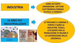 INDUSTRIA
LE AREE PIU’
INDUSTRIALIZZATE
SONO IN FORTE
ESPANSIONE I SETTORI
ELETTRONICO,FARMAC
EUTICO, E CHIMICO.
SI TROVANO A LISBONA E
PORTO E SONO LE
INDUSTRIE TESSILI,
UTILIZZATE PER LA
PRODUZIONE DI RICAMI E
LA LAVORAZIONE DELLA
CERAMICA.
AZULEJOS
 
