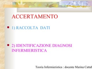 Teoria Infermieristica : docente Marina Cattab
ACCERTAMENTO
 1) RACCOLTA DATI
 2) IDENTIFICAZIONE DIAGNOSI
INFERMIERISTICA
 