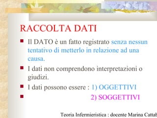 Teoria Infermieristica : docente Marina Cattab
RACCOLTA DATI
 Il DATO è un fatto registrato senza nessun
tentativo di metterlo in relazione ad una
causa.
 I dati non comprendono interpretazioni o
giudizi.
 I dati possono essere : 1) OGGETTIVI
 2) SOGGETTIVI
 