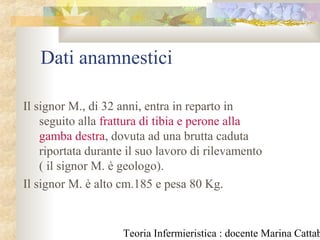 Teoria Infermieristica : docente Marina Cattab
Dati anamnestici
Il signor M., di 32 anni, entra in reparto in
seguito alla frattura di tibia e perone alla
gamba destra, dovuta ad una brutta caduta
riportata durante il suo lavoro di rilevamento
( il signor M. è geologo).
Il signor M. è alto cm.185 e pesa 80 Kg.
 