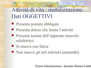 Teoria Infermieristica : docente Marina Cattab
Attività di vita : mobilizzazione.
Dati OGGETTIVI
 Presenta posture obbligate
 Presenta dolore che limita l’attività
 Presenta lesioni dell’apparato muscolo
scheletrico
 Si muove con fatica
 Non muove gli arti inferiori (entrambi)
 