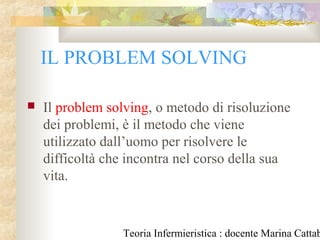 Teoria Infermieristica : docente Marina Cattab
IL PROBLEM SOLVING
 Il problem solving, o metodo di risoluzione
dei problemi, è il metodo che viene
utilizzato dall’uomo per risolvere le
difficoltà che incontra nel corso della sua
vita.
 