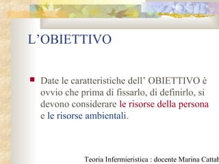 Teoria Infermieristica : docente Marina Cattab
L’OBIETTIVO
 Date le caratteristiche dell’ OBIETTIVO è
ovvio che prima di fissarlo, di definirlo, si
devono considerare le risorse della persona
e le risorse ambientali.
 