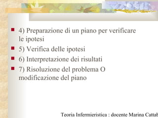 Teoria Infermieristica : docente Marina Cattab
 4) Preparazione di un piano per verificare
le ipotesi
 5) Verifica delle ipotesi
 6) Interpretazione dei risultati
 7) Risoluzione del problema O
modificazione del piano
 