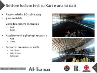 https://ai-textiles.diee.unica.it
Settore ludico: test su Kart e analisi dati
15
• Raccolta dati: 18 Ottobre 2019
• 3 sess...