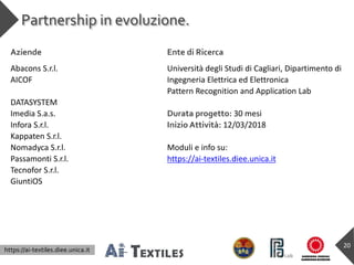 https://ai-textiles.diee.unica.it
Partnership in evoluzione.
20
Aziende Ente di Ricerca
Abacons S.r.l.
AICOF
DATASYSTEM
Im...