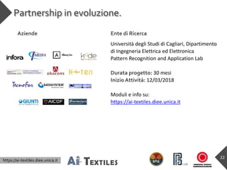 https://ai-textiles.diee.unica.it
Partnership in evoluzione.
22
Aziende Ente di Ricerca
Università degli Studi di Cagliari...