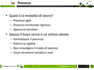 Scopo del progettoLo scopo: roadmap di un progetto enterpriseDefinire i passi e le priorità Definire i macro temiDare indicazione sugli strumenti da usareGestione della evoluzione di un progettoIl programmatore e le sue api5