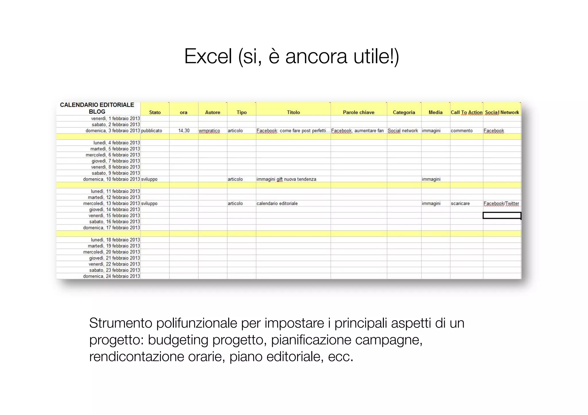 Excel (si, è ancora utile!)
Strumento polifunzionale per impostare i principali aspetti di un
progetto: budgeting progetto, pianiﬁcazione campagne,
rendicontazione orarie, piano editoriale, ecc.
 