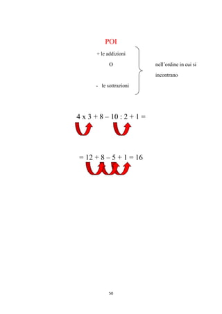 50
POI
+ le addizioni
O nell’ordine in cui si
incontrano
- le sottrazioni
4 x 3 + 8 – 10 : 2 + 1 =
= 12 + 8 – 5 + 1 = 16
 