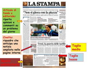 Articolo di fondo o editoriale : riporta opinioni e commenti su un problema del giorno Taglio medio Civetta : riquadro che anticipa una notizia ampliata nelle pagine interne Taglio basso Spazio pubblicitario 