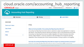 Copyright © 2014 Oracle and/or its affiliates. All rights reserved. |
cloud.oracle.com/accounting_hub_reporting
 