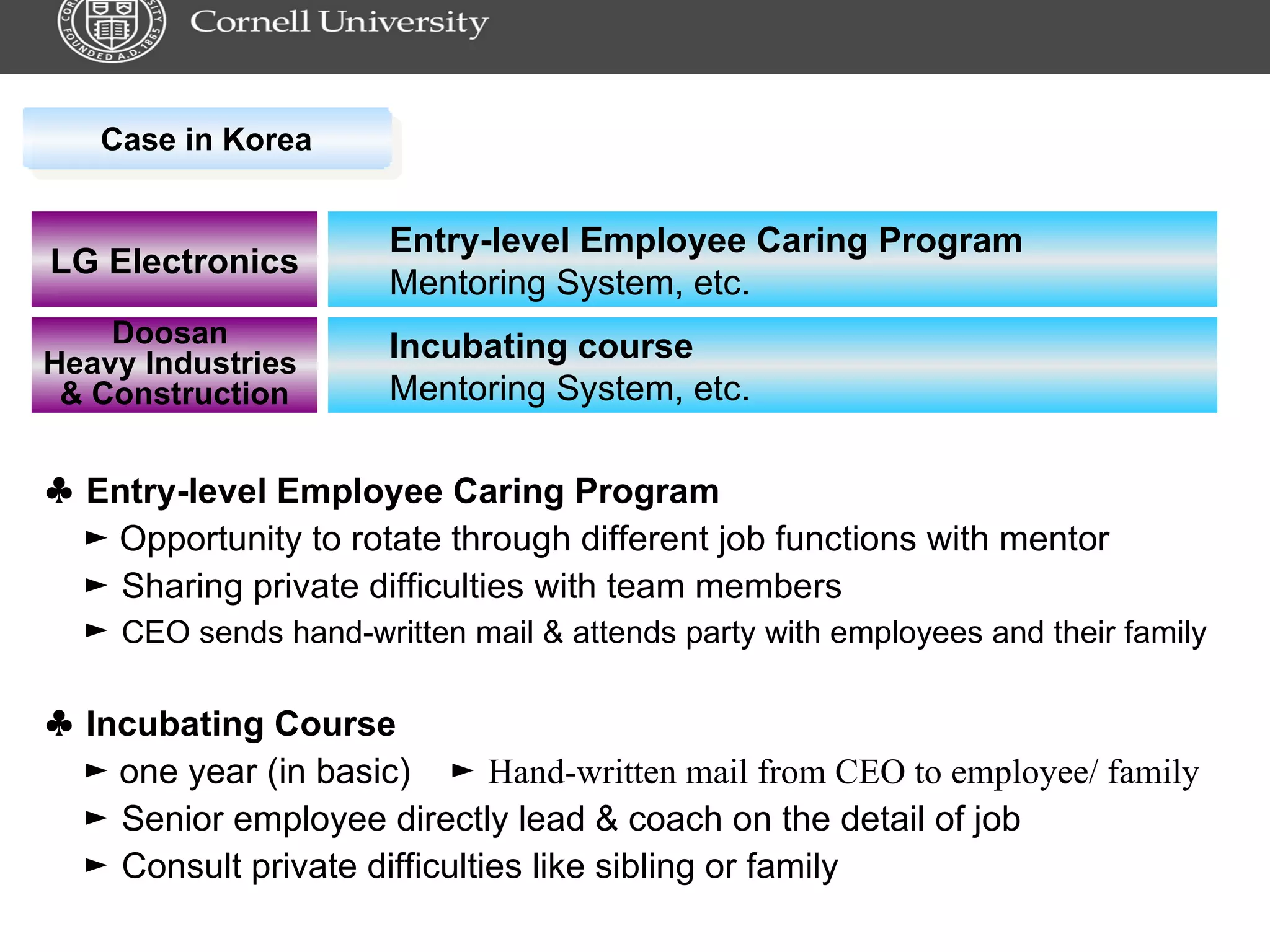 Case in Korea ♣  Incubating Course ►   one year (in basic)  ►  Hand-written mail from CEO to employee/ family ►  Senior employee directly lead & coach on the detail of job ►  Consult private difficulties like sibling or family ♣  Entry-level Employee Caring Program ►   Opportunity to rotate through different job functions with mentor  ►  Sharing private difficulties with team members ►  CEO sends hand-written mail & attends party with employees and their family LG Electronics Entry-level Employee Caring Program Mentoring System, etc. Doosan  Heavy Industries  & Construction Incubating course Mentoring System, etc. 