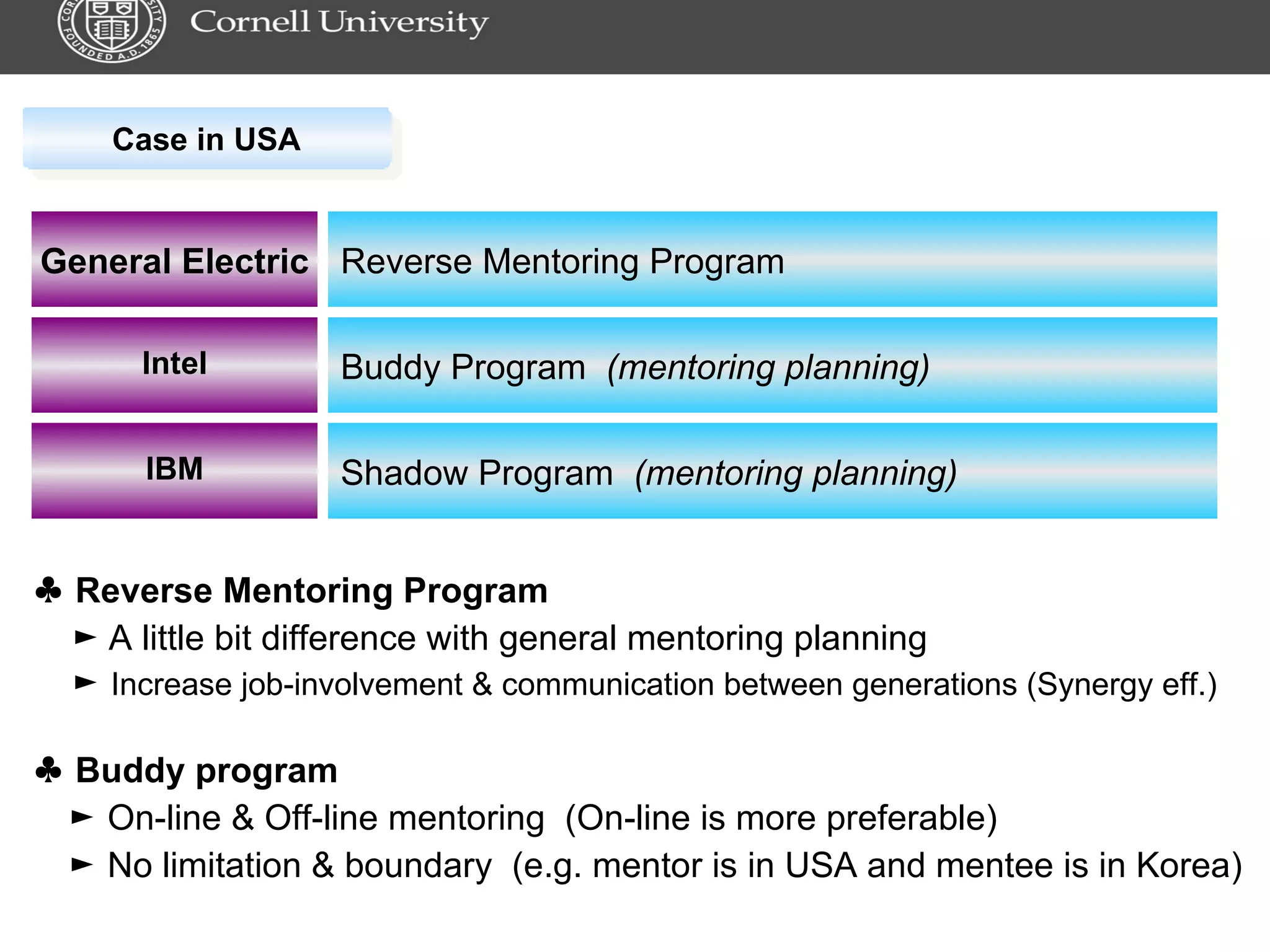 Case in USA ♣  Buddy program ►  On-line & Off-line mentoring  (On-line is more preferable) ►  No limitation & boundary  (e.g. mentor is in USA and mentee is in Korea) ♣  Reverse Mentoring Program ►   A little bit difference with general mentoring planning ►  Increase job-involvement & communication between generations (Synergy eff.) General Electric Reverse Mentoring Program Intel Buddy Program  (mentoring planning) IBM Shadow Program  (mentoring planning) 