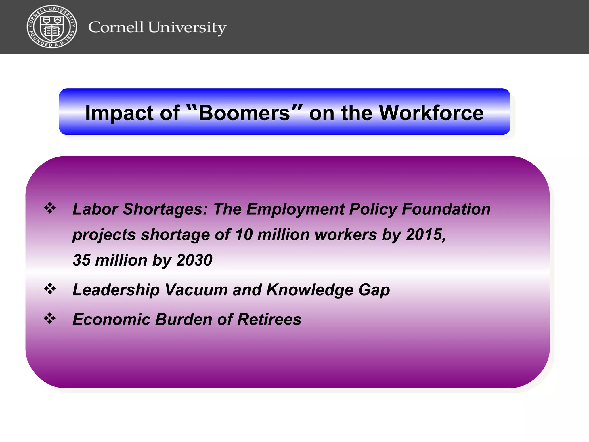 Impact of  “ Boomers ”  on the Workforce Labor Shortages: The Employment Policy Foundation  projects shortage of 10 million workers by 2015,  35 million by 2030 Leadership Vacuum and Knowledge Gap Economic Burden of Retirees 