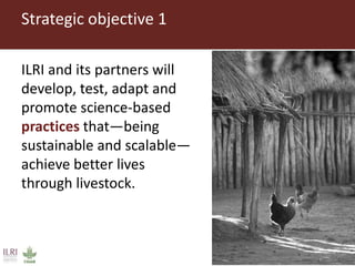 Strategic objective 1
ILRI and its partners will
develop, test, adapt and
promote science-based
practices that—being
susta...