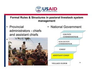 Formal Rules & Structures in pastoral livestock system 
management 
• Provincial 
administrators - chiefs 
and assistant chiefs 
• 
• National Government 
14 
COUNTY 
COMMISSIONER 
SUB-COUNTY 
COMMISSIONER 
CHIEF 
ASSISTANT CHIEF 
VILLAGE ELDER 
 
