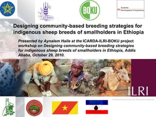 Designing community-based breeding strategies for indigenous sheep breeds of smallholders in Ethiopia Presented by Aynalem Haile at the  ICARDA-ILRI-BOKU project  workshop on Designing community-based breeding strategies for indigenous sheep breeds of smallholders in Ethiopia, Addis Ababa, October 29, 2010. 