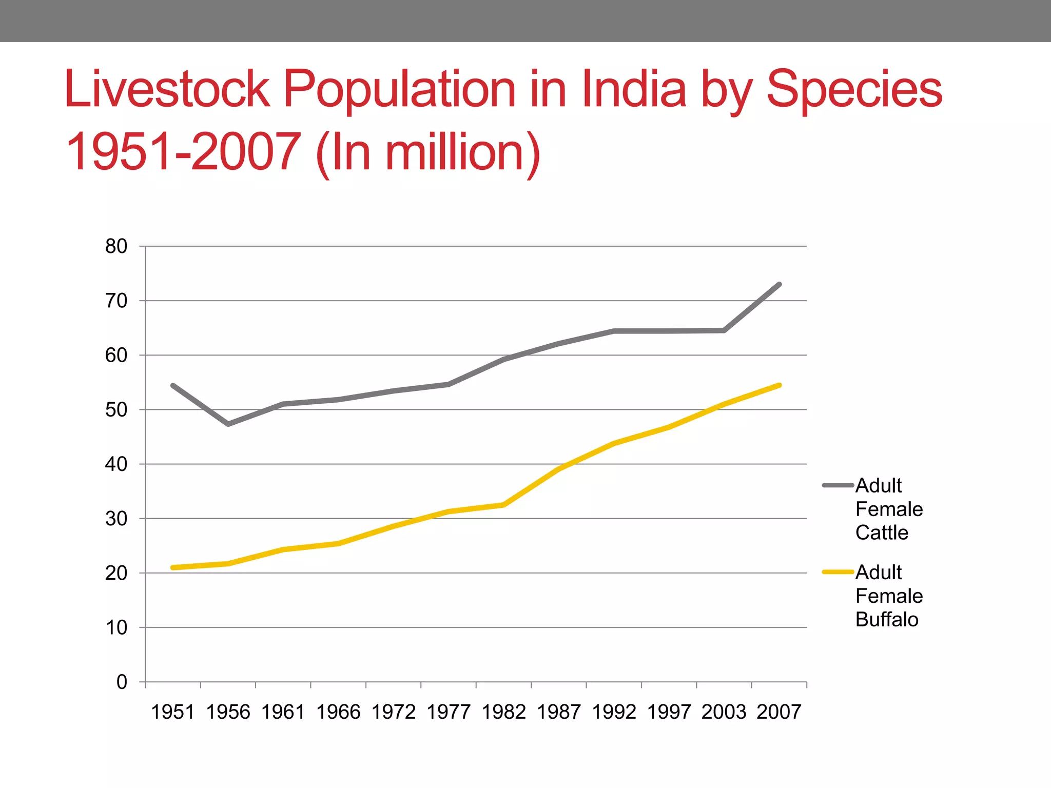 Livestock Population in India by Species
1951-2007 (In million)
 80

 70

 60

 50

 40
                                                                    Adult
 30                                                                 Female
                                                                    Cattle
 20                                                                 Adult
                                                                    Female
 10                                                                 Buffalo


  0
      1951 1956 1961 1966 1972 1977 1982 1987 1992 1997 2003 2007
 