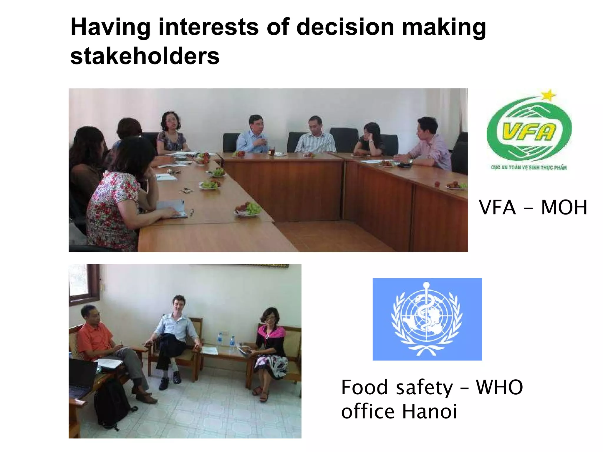 Having interests of decision making stakeholders VFA - MOH Food safety – WHO office Hanoi 