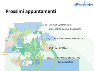 Prossimi appuntamenti
21/11 LA SPESA CONSAPEVOLE:
gesti concreti a nostra disposizione

24/11 LABORATORIO MANI IN PASTA

5/12 W LA PAPPA!

16/1/14 RISPARMIO ENERGETICO
I Consumi Elettrici

 