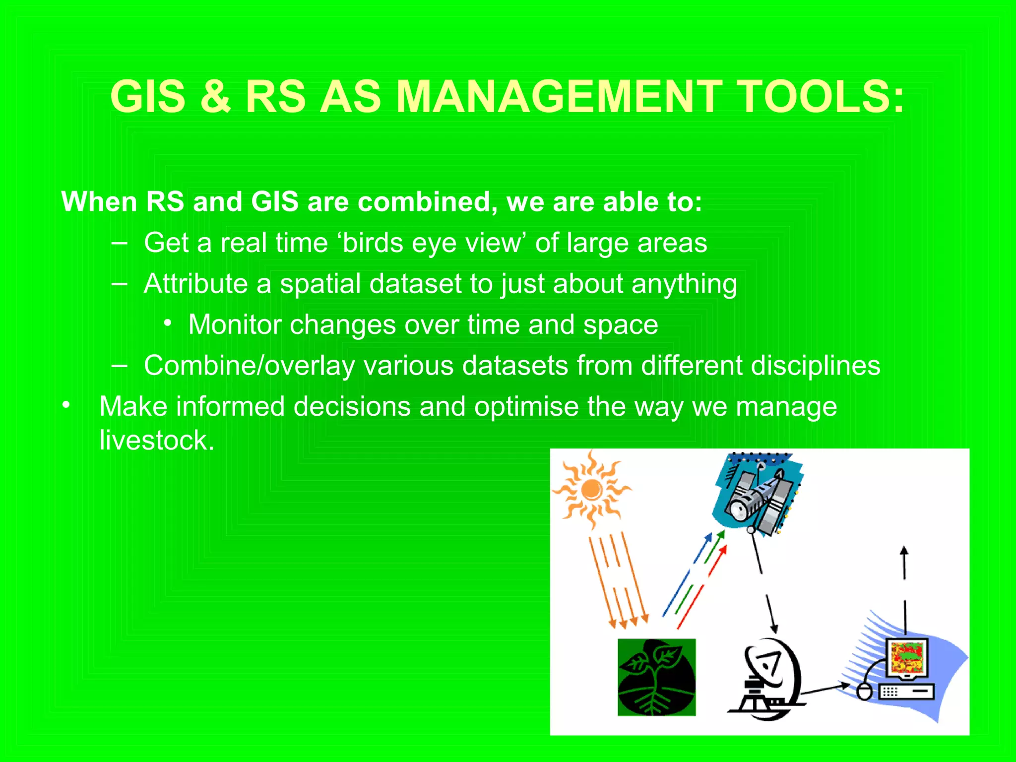 GIS & RS AS MANAGEMENT TOOLS:
When RS and GIS are combined, we are able to:
– Get a real time ‘birds eye view’ of large areas
– Attribute a spatial dataset to just about anything
• Monitor changes over time and space
– Combine/overlay various datasets from different disciplines
• Make informed decisions and optimise the way we manage
livestock.
 