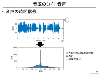 音源の分布：音声
• 音声の時間信号
ガウス分布よりも急峻で裾
が長い
→尖度が高い
13
 