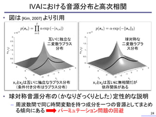 • 図は [Kim, 2007] より引用
• 球対称音源分布の（かなりざっくりとした）定性的な説明
– 周波数間で同じ時間変動を持つ成分を一つの音源としてまとめ
る傾向にある パーミュテーション問題の回避
IVAにおける音源分布と高次相関
24
x1とx2は互いに独立なラプラス分布
（条件付き分布はラプラス分布）
x1とx2は互いに無相関だが
依存関係がある
球対称な
二変数ラプラ
ス分布
互いに独立な
二変数ラプラス
分布
 