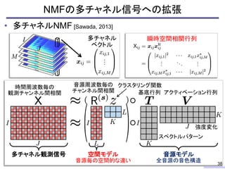• 多チャネルNMF [Sawada, 2013]
NMFの多チャネル信号への拡張
38
時間周波数毎の
観測チャンネル間相関
多チャネル観測信号
音源周波数毎の
チャンネル間相関 基底行列 アクティベーション行列
空間モデル 音源モデル
クラスタリング関数
スペクトルパターン
強度変化
音源毎の空間的な違い 全音源の音色構造
多チャネル
ベクトル
瞬時空間相関行列
 