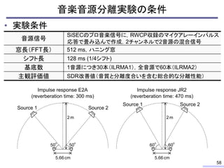 音楽音源分離実験の条件
• 実験条件
58
音源信号
SiSECのプロ音楽信号に，RWCP収録のマイクアレーインパルス
応答で畳み込んで作成，2チャンネルで2音源の混合信号
窓長（FFT長） 512 ms，ハニング窓
シフト長 128 ms (1/4シフト)
基底数 1音源につき30本（ILRMA1），全音源で60本（ILRMA2）
主観評価値 SDR改善値（音質と分離度合いを含む総合的な分離性能）
2 m
Source 1
5.66cm
50 50
Source 2
2 m
Source 1
5.66cm
60 60
Source 2
Impulse response E2A
(reverberation time: 300 ms)
Impulse response JR2
(reverberation time: 470 ms)
 