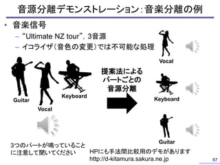 音源分離デモンストレーション：音楽分離の例
• 音楽信号
– “Ultimate NZ tour”，3音源
– イコライザ（音色の変更）では不可能な処理
67
Guitar
Vocal
Keyboard
Guitar
Vocal
Keyboard
提案法による
パートごとの
音源分離
3つのパートが鳴っていること
に注意して聞いてください HPにも手法間比較用のデモがあります
http://d-kitamura.sakura.ne.jp
 