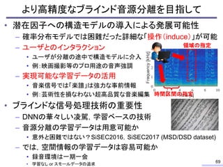 より高精度なブラインド音源分離を目指して
• 潜在因子への構造モデルの導入による発展可能性
– 確率分布モデルでは困難だった詳細な「操作（induce）」が可能
– ユーザとのインタラクション
• ユーザが分離の途中で構造モデルに介入
• 例：映画撮影等のプロ用途の音声強調
– 実現可能な学習データの活用
• 音楽信号では「楽譜」は強力な事前情報
• 例：芸術性を損なわない超高品質な音楽編集
• ブラインドな信号処理技術の重要性
– DNNの華々しい凌駕，学習ベースの技術
– 音源分離の学習データは用意可能か
• 意外と困難ではない？SiSEC2016，SiSEC2017 (MSD/DSD dataset)
– では，空間情報の学習データは容易可能か
• 録音環境は一期一会
• 学習なし or スモールデータの追求
69
時間区間の指定
領域の指定
 