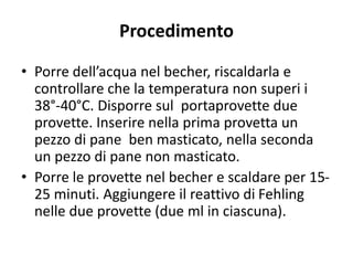 Procedimento
• Porre dell’acqua nel becher, riscaldarla e
controllare che la temperatura non superi i
38°-40°C. Disporre sul portaprovette due
provette. Inserire nella prima provetta un
pezzo di pane ben masticato, nella seconda
un pezzo di pane non masticato.
• Porre le provette nel becher e scaldare per 15-
25 minuti. Aggiungere il reattivo di Fehling
nelle due provette (due ml in ciascuna).
 