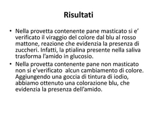 Risultati
• Nella provetta contenente pane masticato si e’
verificato il viraggio del colore dal blu al rosso
mattone, reazione che evidenzia la presenza di
zuccheri. Infatti, la ptialina presente nella saliva
trasforma l’amido in glucosio.
• Nella provetta contenente pane non masticato
non si e’verificato alcun cambiamento di colore.
Aggiungendo una goccia di tintura di iodio,
abbiamo ottenuto una colorazione blu, che
evidenzia la presenza dell’amido.
 