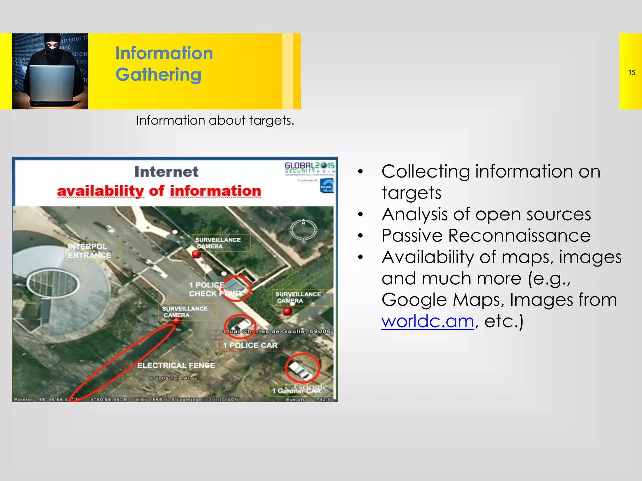 Information about targets.
Lorem ipsum dolor sit amet, consectetur
adipisicing elit, sed do eiusmod tempor
Information
Gathering 15
• Collecting information on
targets
• Analysis of open sources
• Passive Reconnaissance
• Availability of maps, images
and much more (e.g.,
Google Maps, Images from
worldc.am, etc.)
 